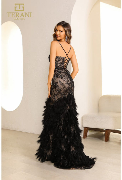 Terani Couture Fitted Long Evening Dress with Feathers Style 251P4321