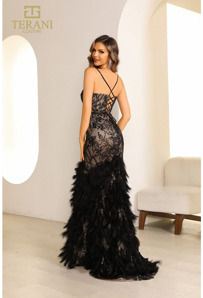 Terani Couture 251P4321 Fitted Feather Long Prom Dress – Elegant Formal Gown