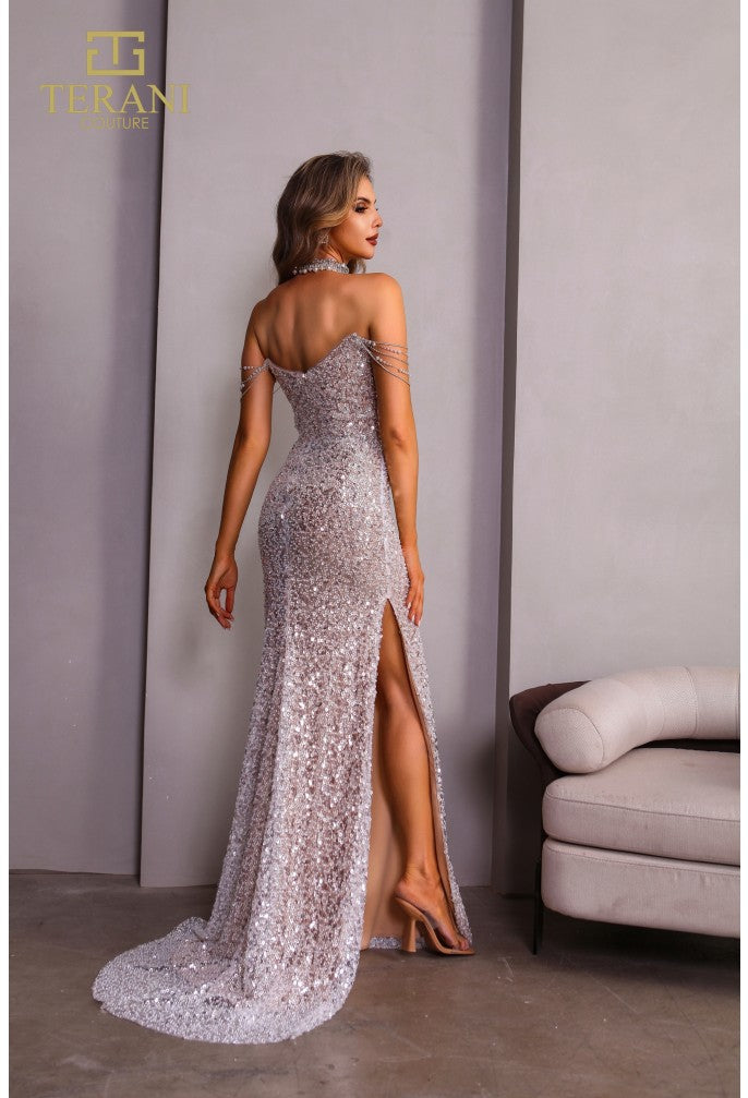 Terani Couture 251P4329 Vestido de fiesta largo, ajustado, con abertura y cuentas