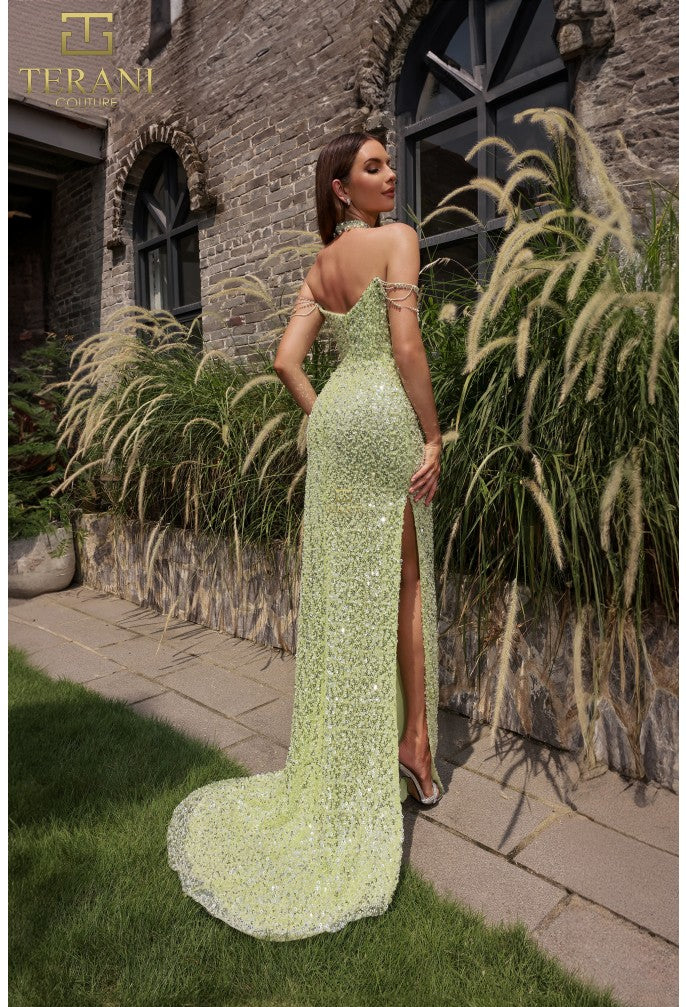 Terani Couture 251P4329 Vestido de fiesta largo, ajustado, con abertura y cuentas