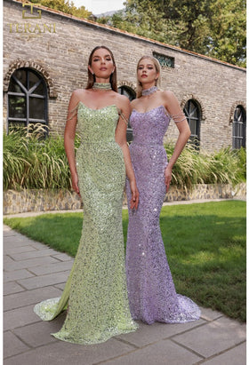 Terani Couture 251P4329 Prom Homecoming Off-Shoulder Sequined Long Beaded Tulle Dress