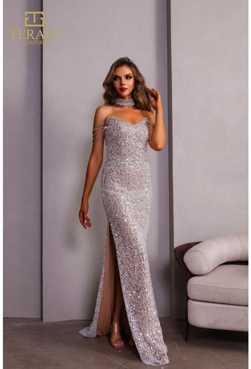 Terani Couture 251P4329 Prom Homecoming Off-Shoulder Sequined Long Beaded Tulle Dress