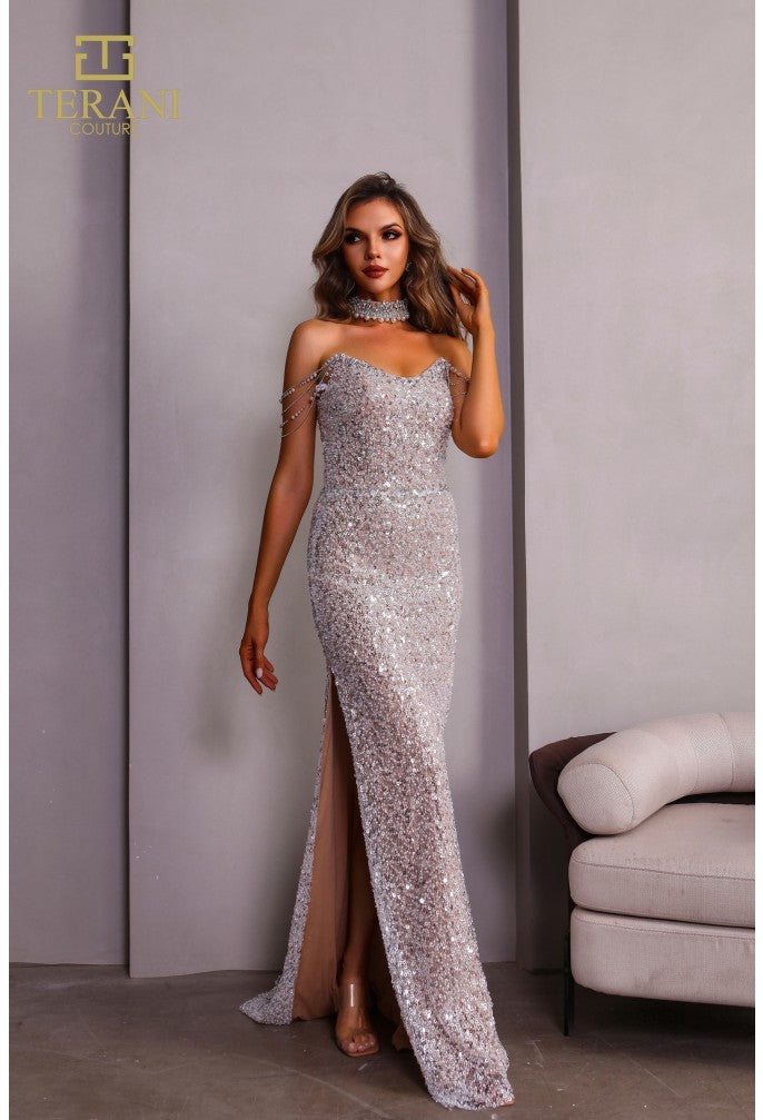 Terani Couture 251P4329 Vestido de fiesta largo, ajustado, con abertura y cuentas