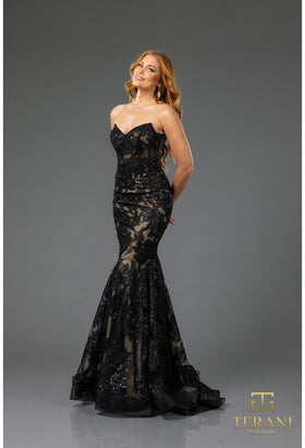 Clearance Terani Couture 251P4355 Black-Nude Size 8 Mermaid Evening Gown with Strapless Sweetheart Neckline & Lace Appliqué