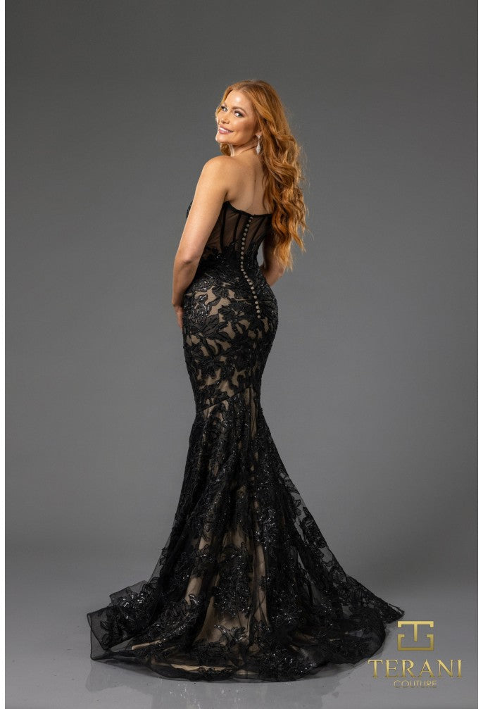 Clearance Terani Couture 251P4355 Black-Nude Size 8 Mermaid Evening Gown with Strapless Sweetheart Neckline & Lace Appliqué