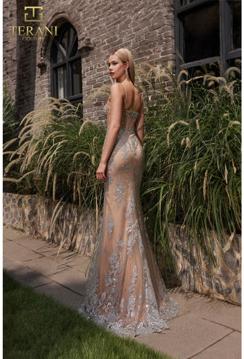 Terani Couture 251P4366 Vestido de fiesta largo, formal, ajustado, con corsé y cuentas