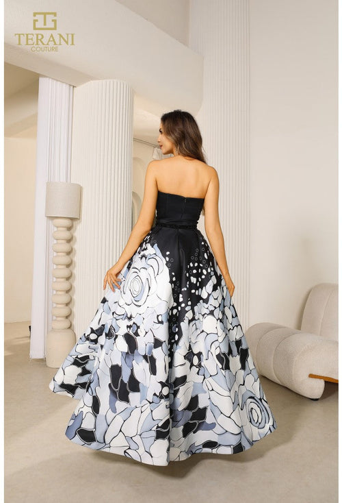 Terani Couture 251P4373 Glamorous Formal Strapless Long Evening Printed Mikado Dress