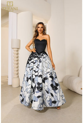 Terani Couture 251P4373 Glamorous Formal Strapless Long Evening Printed Mikado Dress