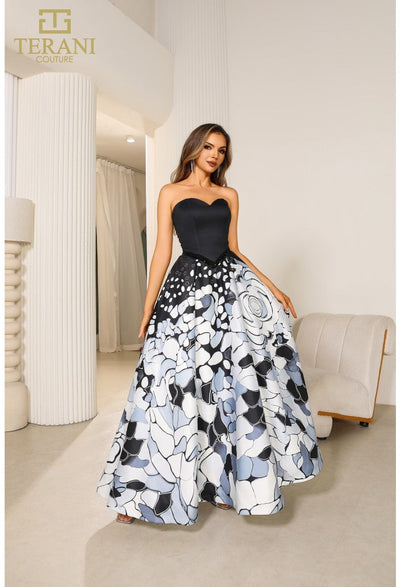 Terani Couture 251P4373 Glamorous Formal Strapless Long Evening Printed Mikado Dress