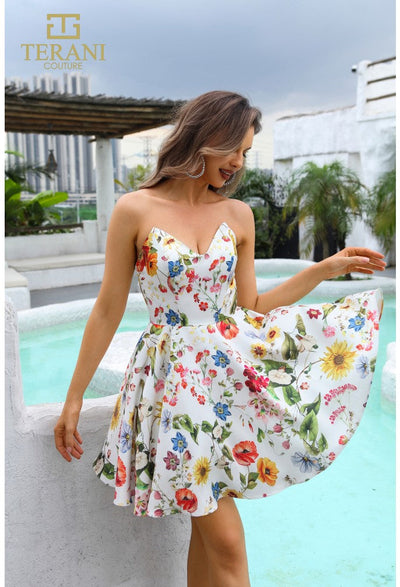 Terani Couture 251P4374 Cocktail Prom Strapless Short Mini Printed Ivory Satin Dress