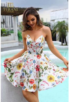Terani Couture 251P4374 Elegant Sophisticated Prom A-Line Formal Printed Satin Dress