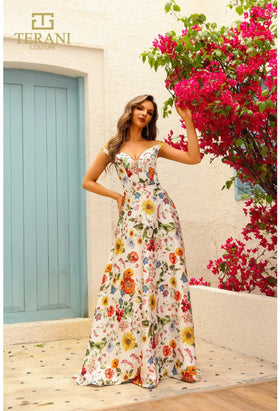 Terani Couture 251P4375 Prom Homecoming A-Line Long Formal Printed Ivory Satin Dress
