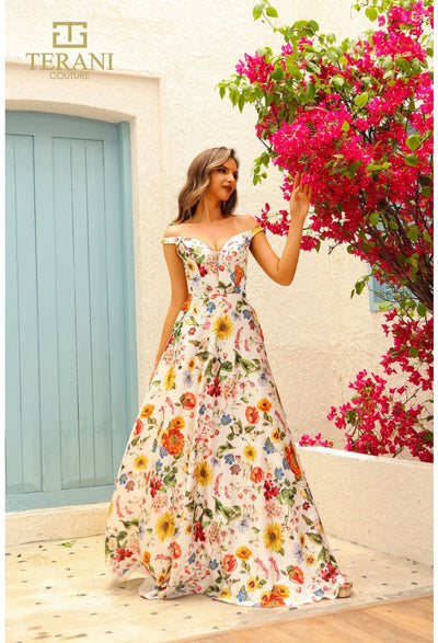 Terani Couture 251P4375 Prom Homecoming A-Line Long Formal Printed Ivory Satin Dress