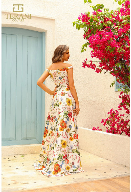 Terani Couture 251P4375 Prom Homecoming A-Line Long Formal Printed Ivory Satin Dress