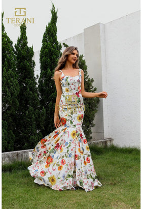 Terani Couture 251P4378 Glamorous Prom Sweetheart Trumpet Formal Printed Satin Dress