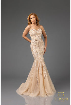 Terani Couture 251P4388 Sophisticated Prom Strapless Formal Beaded Silver Tulle Dress