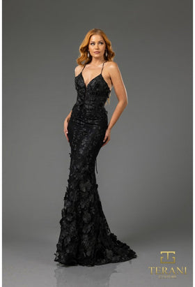 Terani Couture 251P4514 Prom Floral Applique Spaghetti Strap Evening Black Lace Dress