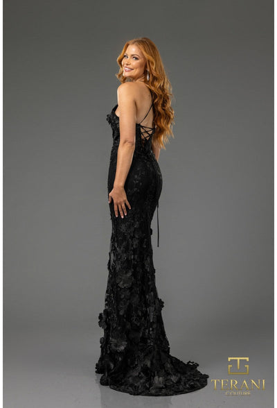 Terani Couture 251P4514 Prom Floral Applique Spaghetti Strap Evening Black Lace Dress