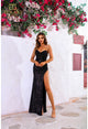 Vestido de fiesta largo, entallado y con vuelo, sin tirantes, Terani Couture 251p4519