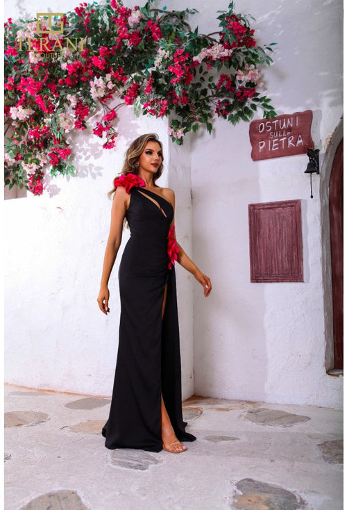 Terani Couture 251P4530 Elegant Prom Homecoming One-Shoulder Slit Evening Satin Dress