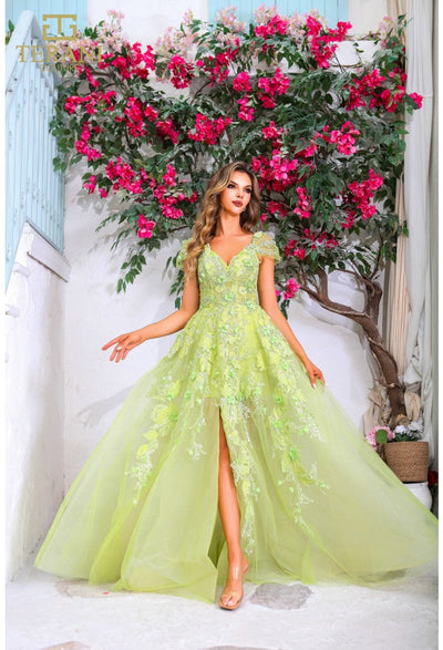 Terani Couture 251P4533 Glamorous Prom BallDress Cap Sleeve Long Formal Organza Dress