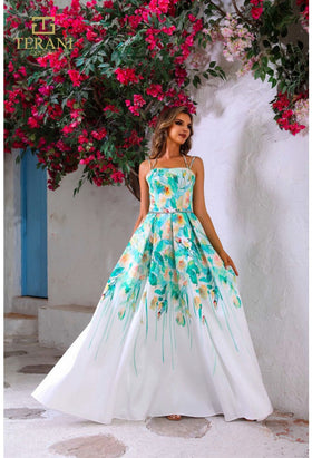 Terani Couture 251P4535 Prom A-Line Printed Spaghetti Strap Long Evening Satin Dress