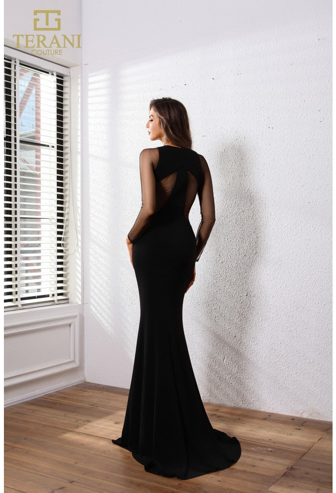 Vestido de fiesta negro ajustado y asimétrico de manga larga Terani Couture 251p4552 