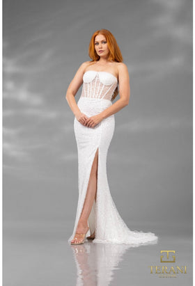 Terani Couture 251P4560 Wedding Sequined Corset Long Evening Beaded Ivory Tulle Dress