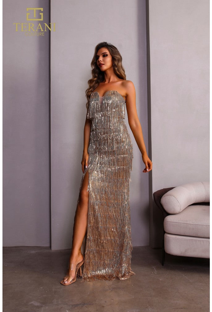 Terani Couture 251P4561 Vestido largo de fiesta ajustado con abertura