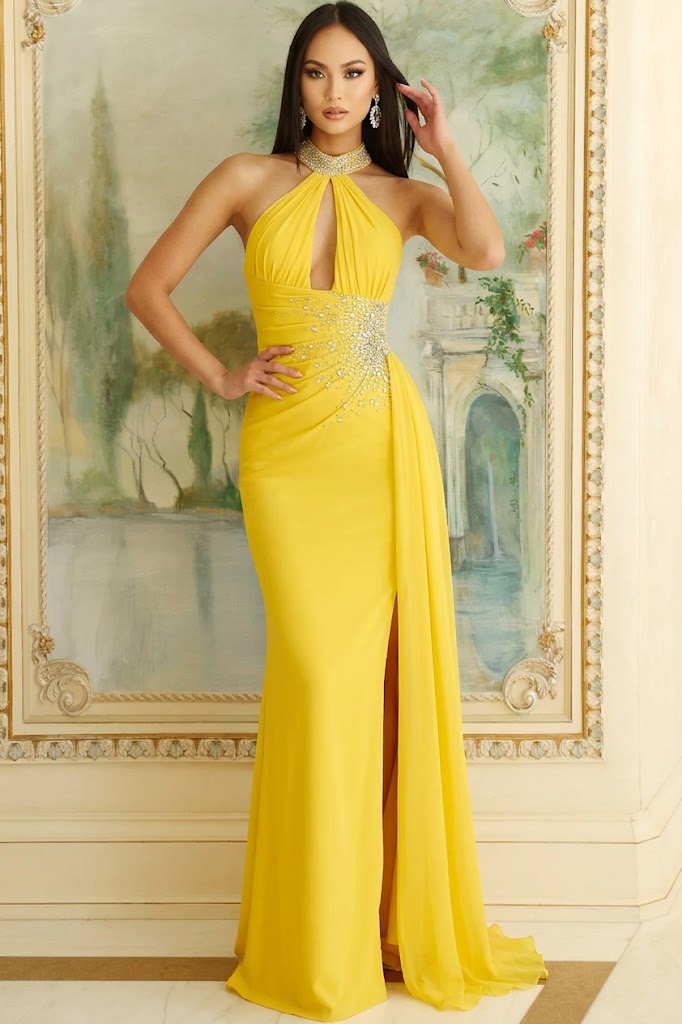 Halter Neck Open Back Beaded Evening Gown with High Slit Formal Prom Dress by Jovani 46670