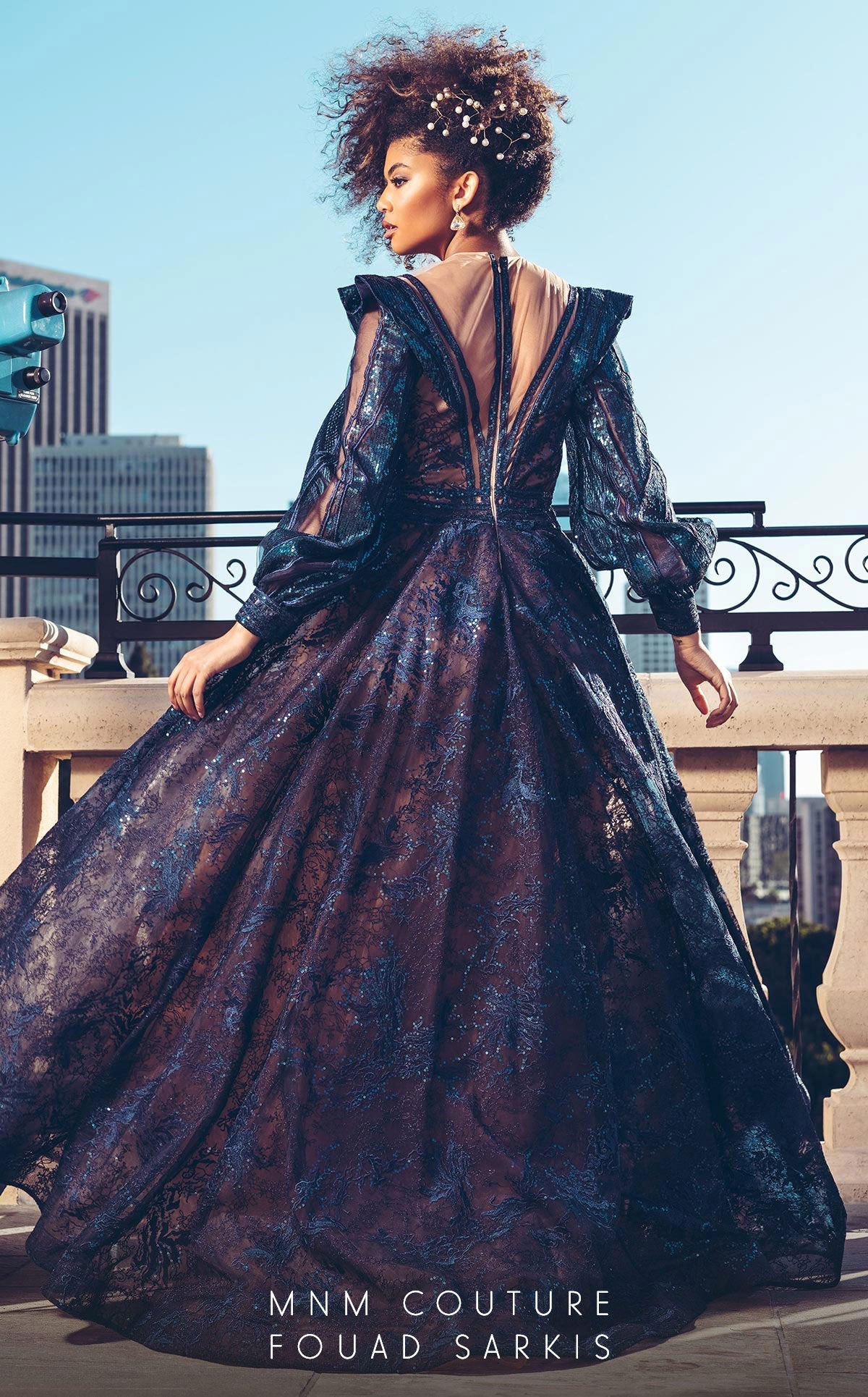 MNM Couture 2522 Navy Blue Sequin Ball Gown with Sheer Sleeves