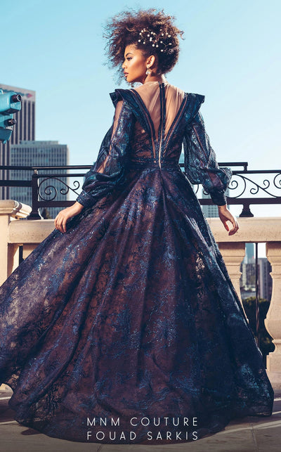 MNM Couture 2522 Navy Blue Sequin Ball Gown with Sheer Sleeves