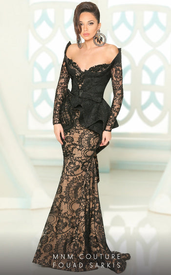 Fouad Sarkis 2524 Black Lace Peplum Mermaid Evening Gown by MNM Couture