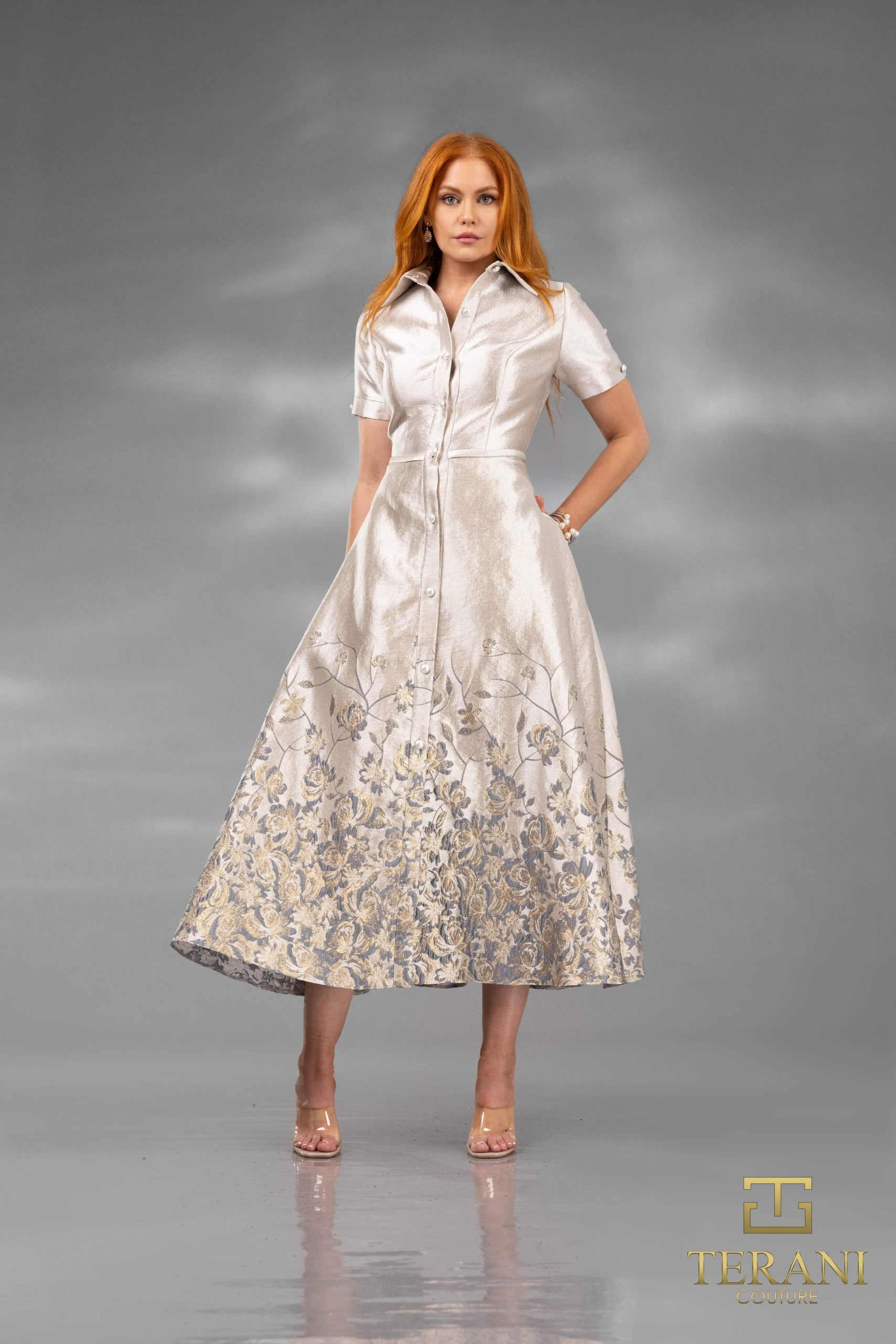 Cocktail A-Line Tea-Length Short Formal Brown Jacquard Dress 252C5507 by Terani Couture