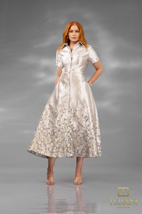 Terani Couture 252C5507 Cocktail A-Line Tea-Length Short Formal Brown Jacquard Dress