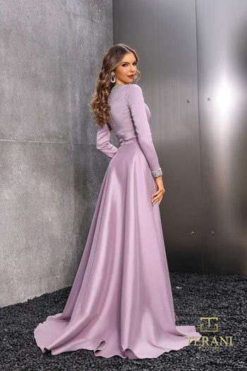 Terani Couture 252e5108 Vestido de noche de manga larga con sobrefalda