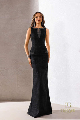 Terani Couture 252E5119 Glamorous Evening Homecoming Long Black Formal Metallic Dress