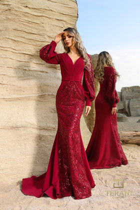 Terani Couture 252E5129 Glamorous Evening Mermaid Long Sleeve Formal Wine Satin Dress