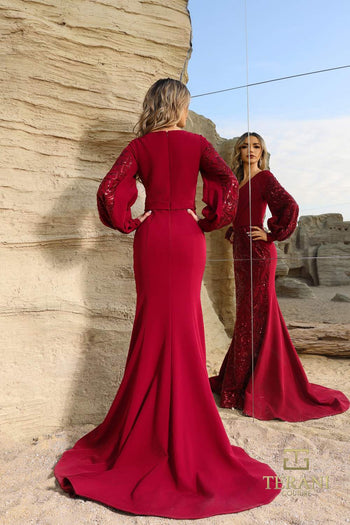 Terani Couture 252e5129 Vestido de noche de sirena ajustado con mangas largas