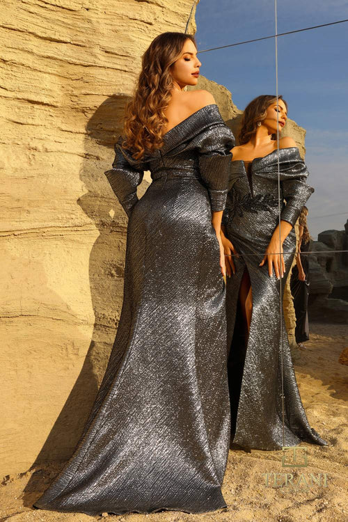 Terani Couture 252E5138 Elegant Glamorous Off-Shoulder Formal Metallic Jacquard Dress