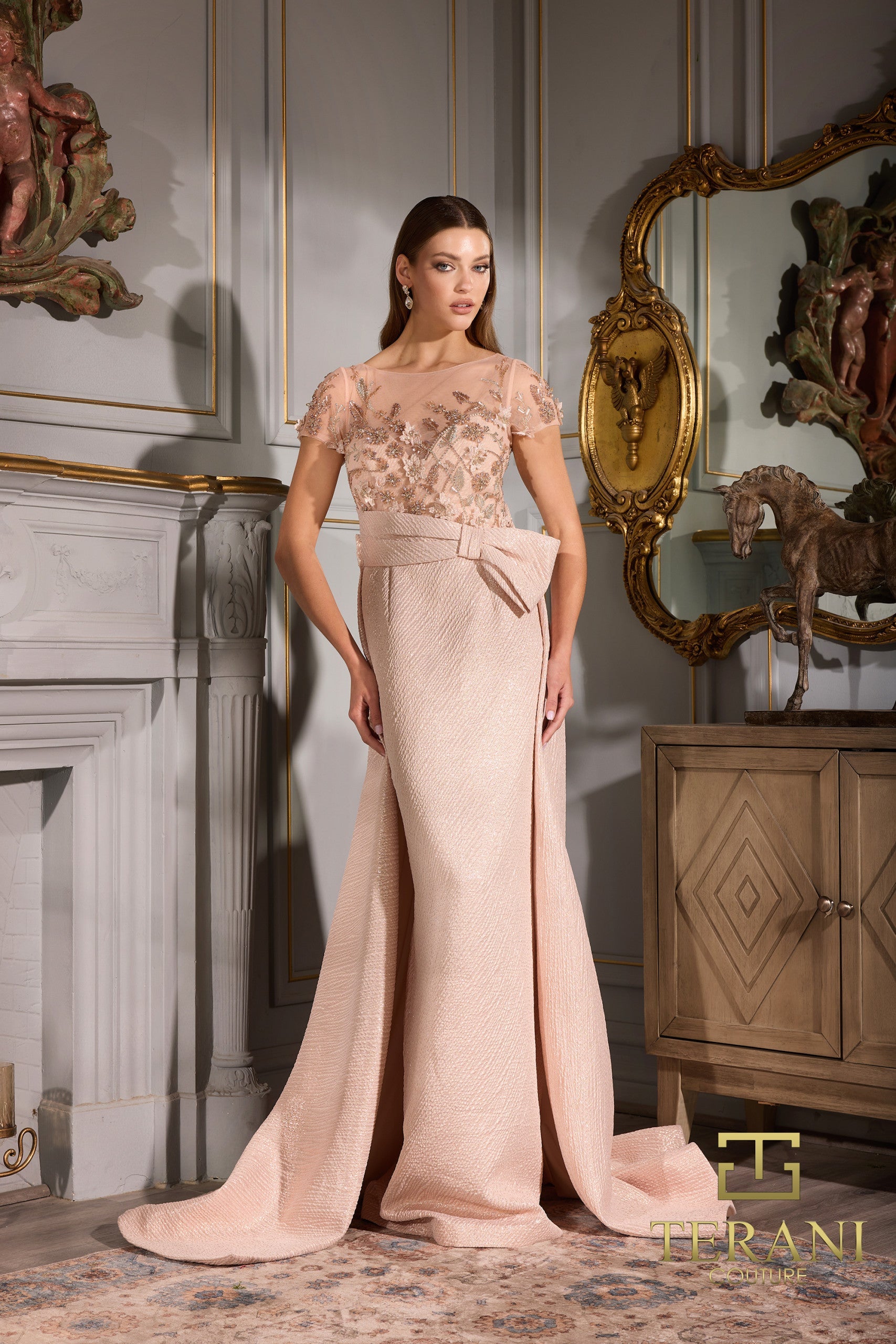green emerald velvet dress Sophisticated Formal Mother of the Bride Short Jacquard Gown 252E5157 by  Terani Couture
