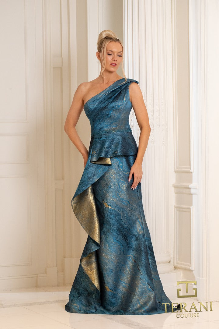 Formal Dresses Fitted Long Formal Peplum Evening Dress Teal Gold