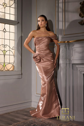 Terani Couture 252E5162 Elegant Evening Prom One-Shoulder Cape Champagne Satin Dress