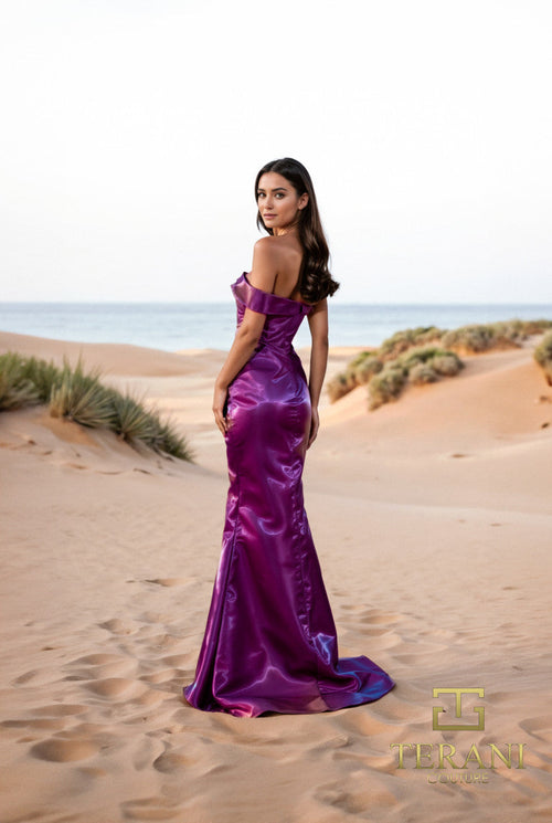 Terani Couture 252E5162 Elegant Evening Prom One-Shoulder Cape Champagne Satin Dress