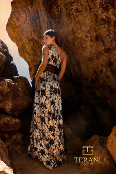 Terani Couture 252E5167 Sophisticated Evening One-Shoulder A-Line Lace Metallic Dress