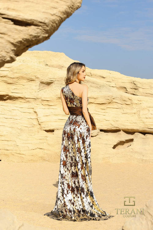 Terani Couture 252E5167 Sophisticated Evening One-Shoulder A-Line Lace Metallic Dress