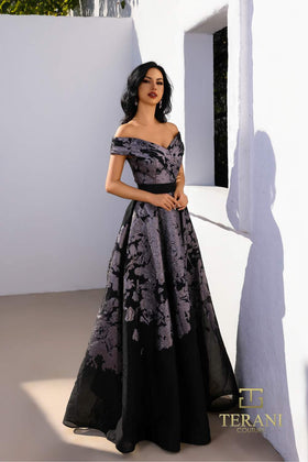 Terani Couture 252E5188 Evening Prom Off-Shoulder Long Metallic Organza Burnout Dress