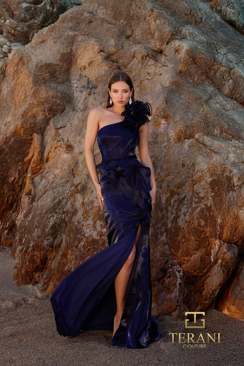 Terani Couture 252e5516 Fitted Ruffle Gown With High Slit – Formal Prom Dress