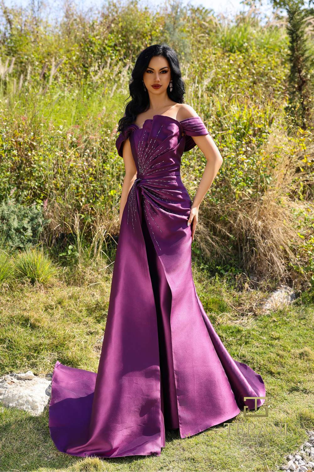 Prom Homecoming Off-Shoulder Long Evening Silver Mikado Gown 252M5342 by Terani Couture