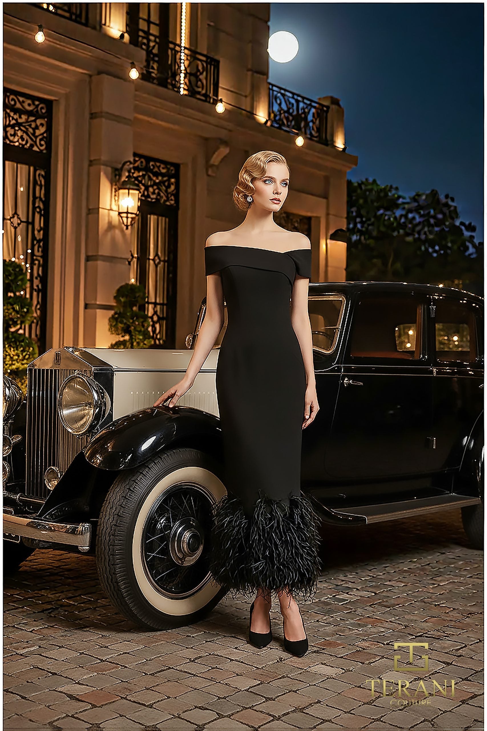 Terani Couture 252C5033 Elegant Sophisticated Off-Shoulder Sheath Formal Scuba Dress